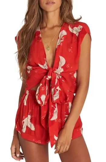 Women's Billabong Flyin High Print Tie Front Top, Size Small - Red | Nordstrom