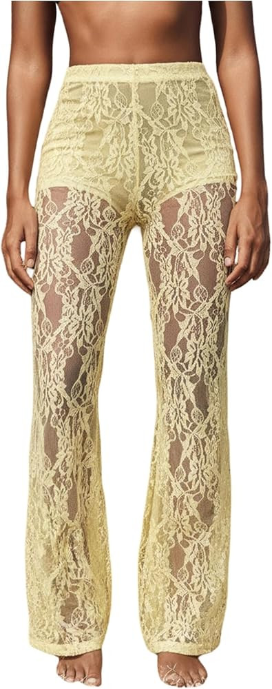 Women's Floral Lace Sheer Mesh Flare Pants Elastic High Waisted Long Trousers | Amazon (US)
