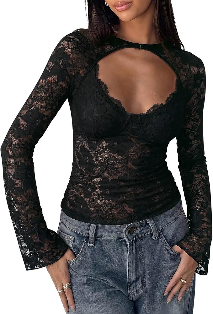 PINKMSTYLE Womens Lace Long Sleeve Shirts Sexy Mesh Y2K Going Out Tops | Amazon (US)