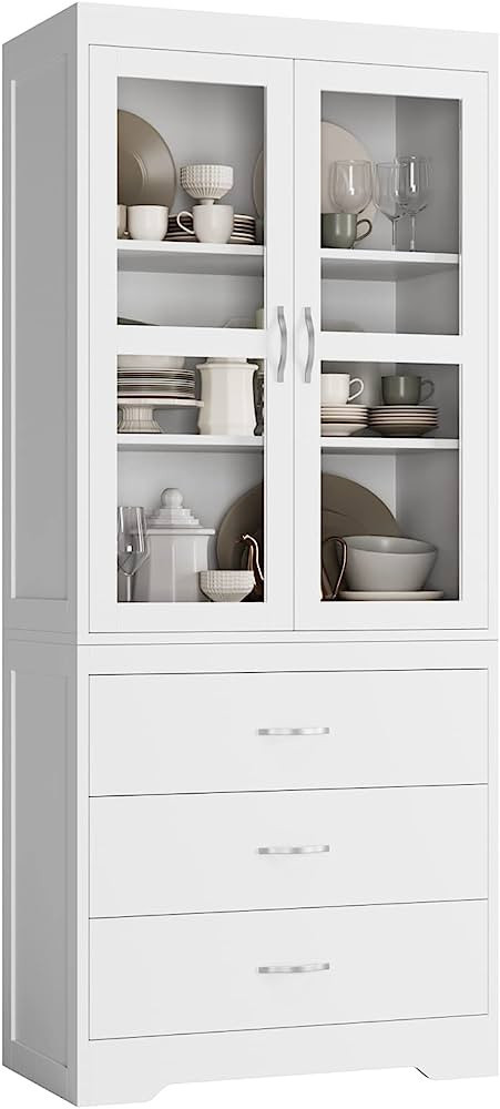FOTOSOK White Kitchen Pantry Cabinet, 67’’ Freestanding Tall Storage Cabinet with 2 Tempered ... | Amazon (US)