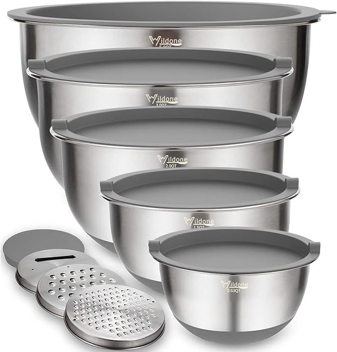 Mixing Bowls Set of 5, Wildone Stainless Steel Nesting Bowls with Grey Airtight Lids, 3 Grater At... | Amazon (US)