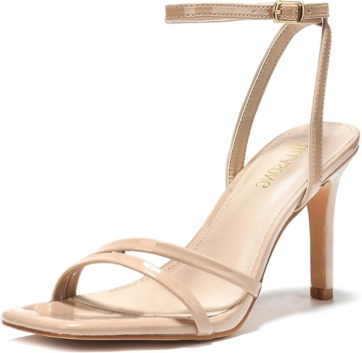 Women's Heels Strappy Ankle Strap High Heels 3.5 Inch Heeled Square Open Toe Sandals for Women | Amazon (US)