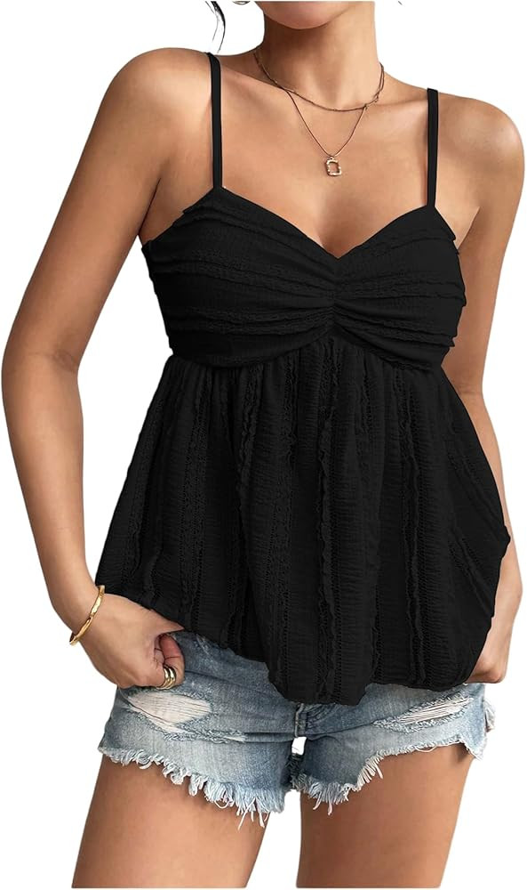 Verdusa Women's Y2k Babydoll Tops Peplum Ruched Lace Trim Cami Cute Summer Going Out Top | Amazon (US)