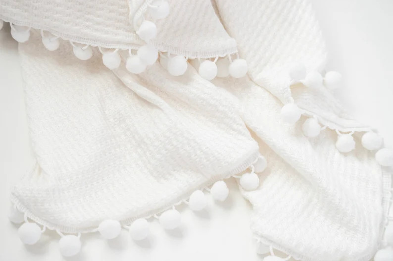 Pom Pom Waffle Knit Baby Blanket, Pom Pom off white  Baby Blanket, White Pom Pom Swaddle Blanket,... | Etsy (US)