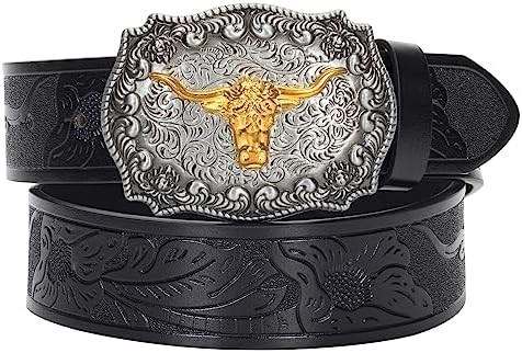 Western-PU-Leather-Belts for Men and Women Cowboy-Cowgirl Longhorn-Bull-Pattern-Engraved-Buckle-B... | Amazon (US)