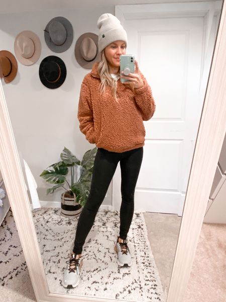 Cozy athleisure for a cold morning | Sherpa pullover | Affordable faux leather leggings | On Running Shoes | Cute beanie

#LTKunder50 #LTKstyletip #LTKSeasonal