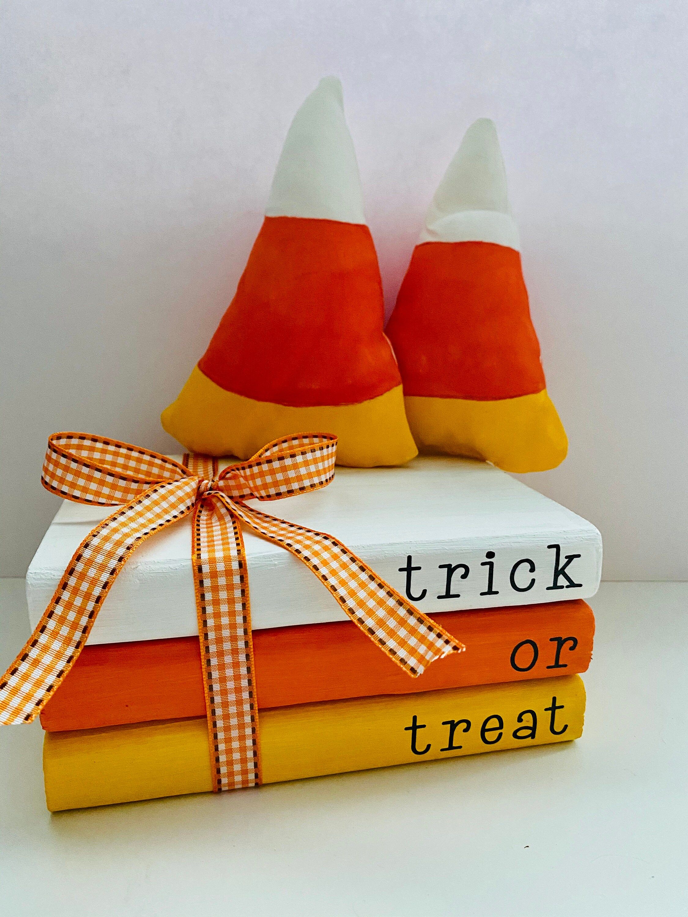 Trick or Treat, Wooden Book Stack, Candy Corn Decor, Halloween Decor, Faux Books | Etsy (US)