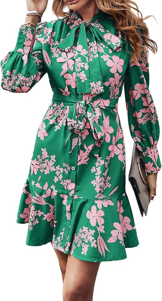 MakeMeChic Women's Floral Long Sleeve Tie Neck Button Front Ruffle Hem Short Dress with Belt | Amazon (US)