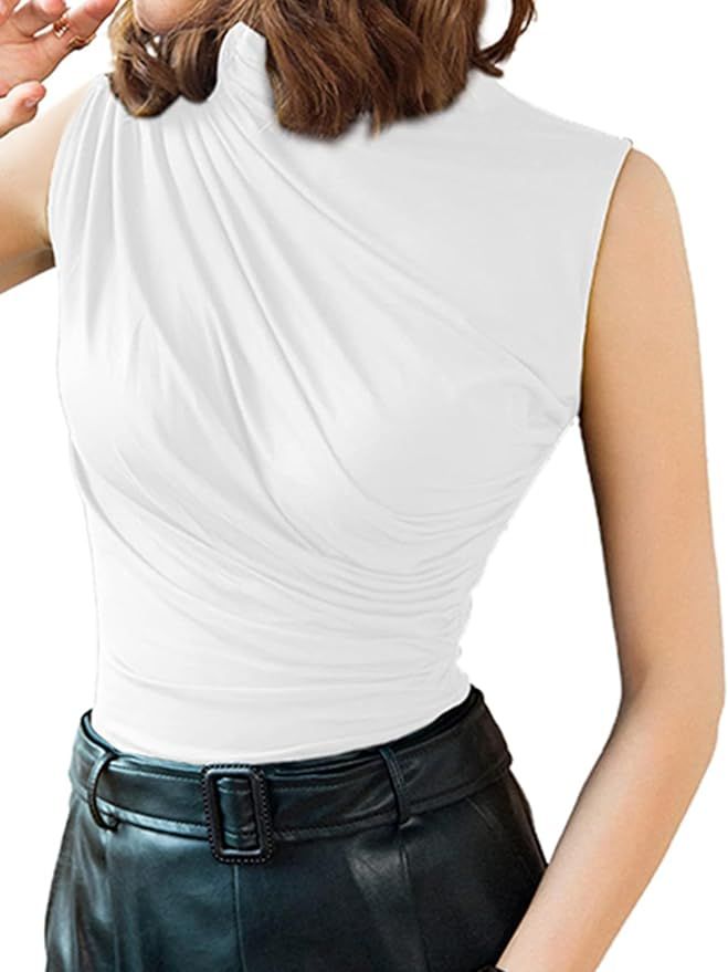 Avanova Women Mock Neck Sleeveless Tank Top Ruched Fitted Elegant Blouse Shirt | Amazon (US)