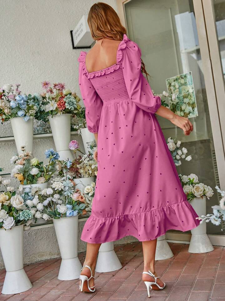 SHEIN Frenchy Heart Print Square Neck Ruffle Hem Dress | SHEIN