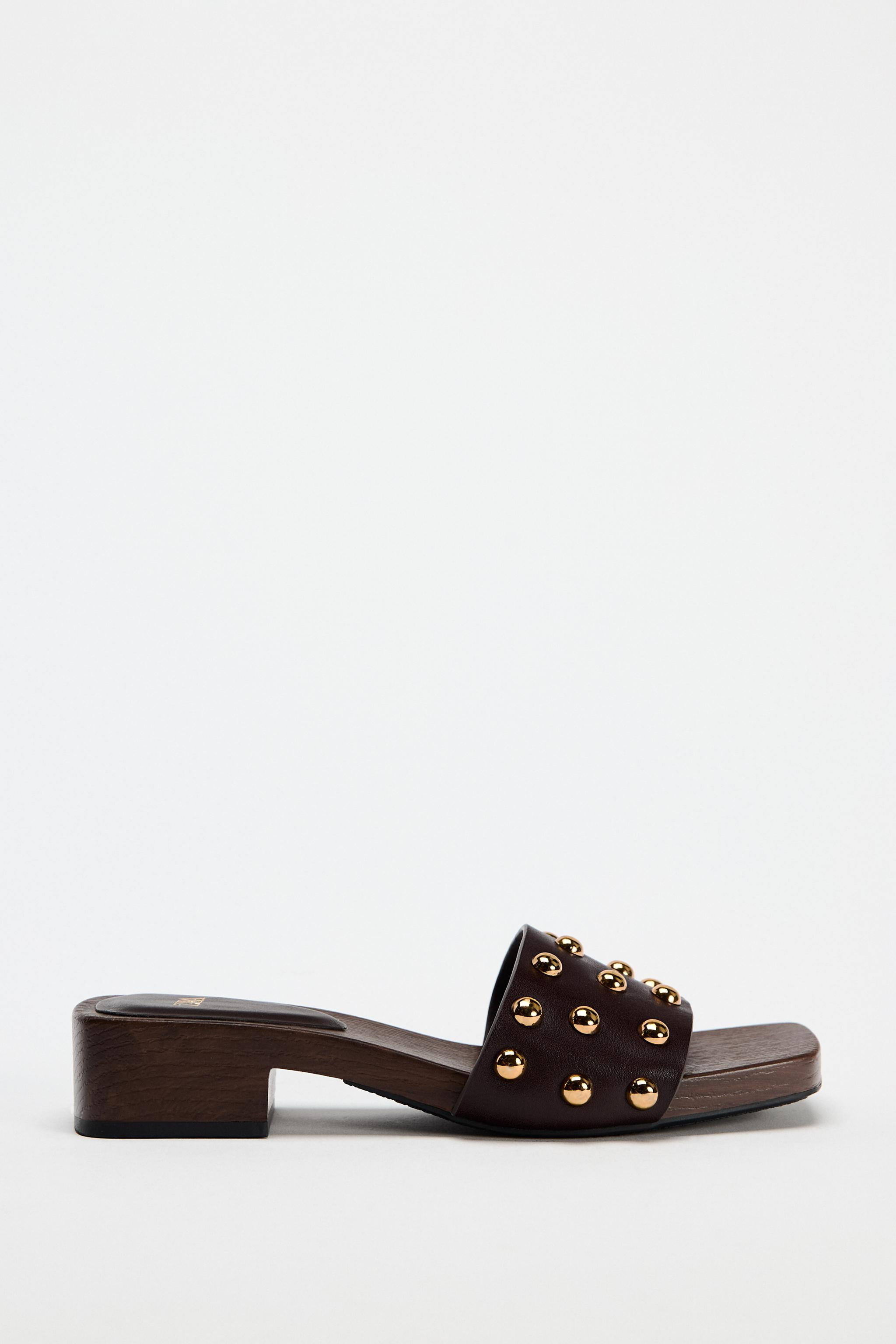 STUDDED LEATHER HEELED SANDALS | Zara US