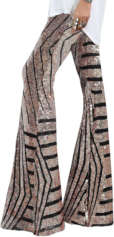 EVALESS Women Sequin Pants Sparkly Glitter High Waisted Wide Leg Flare Trousers Bell Bottom Night... | Amazon (US)