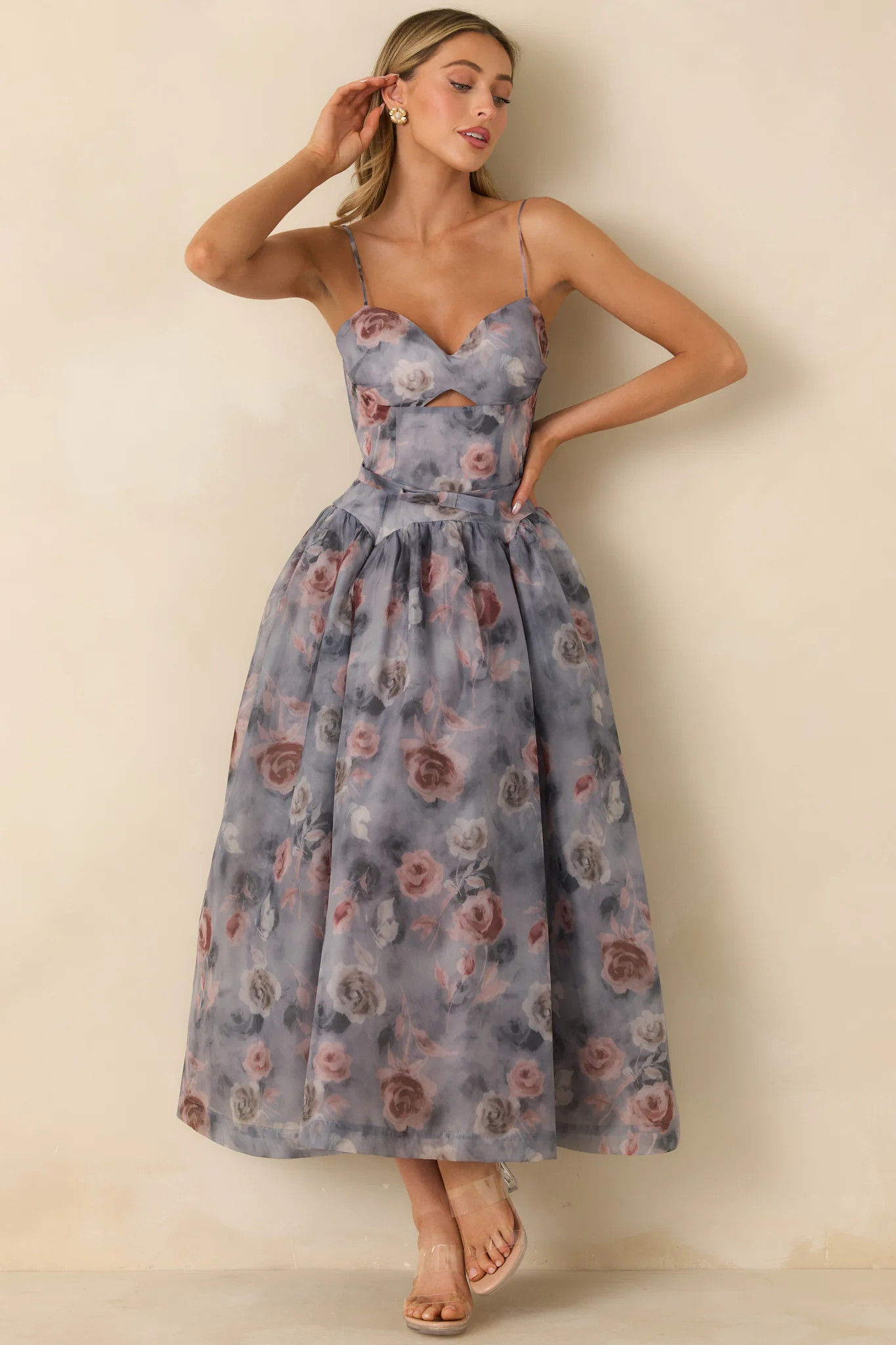 Bloom Service Grey Multi Floral Cutout Bodice Midi Dress | Red Dress