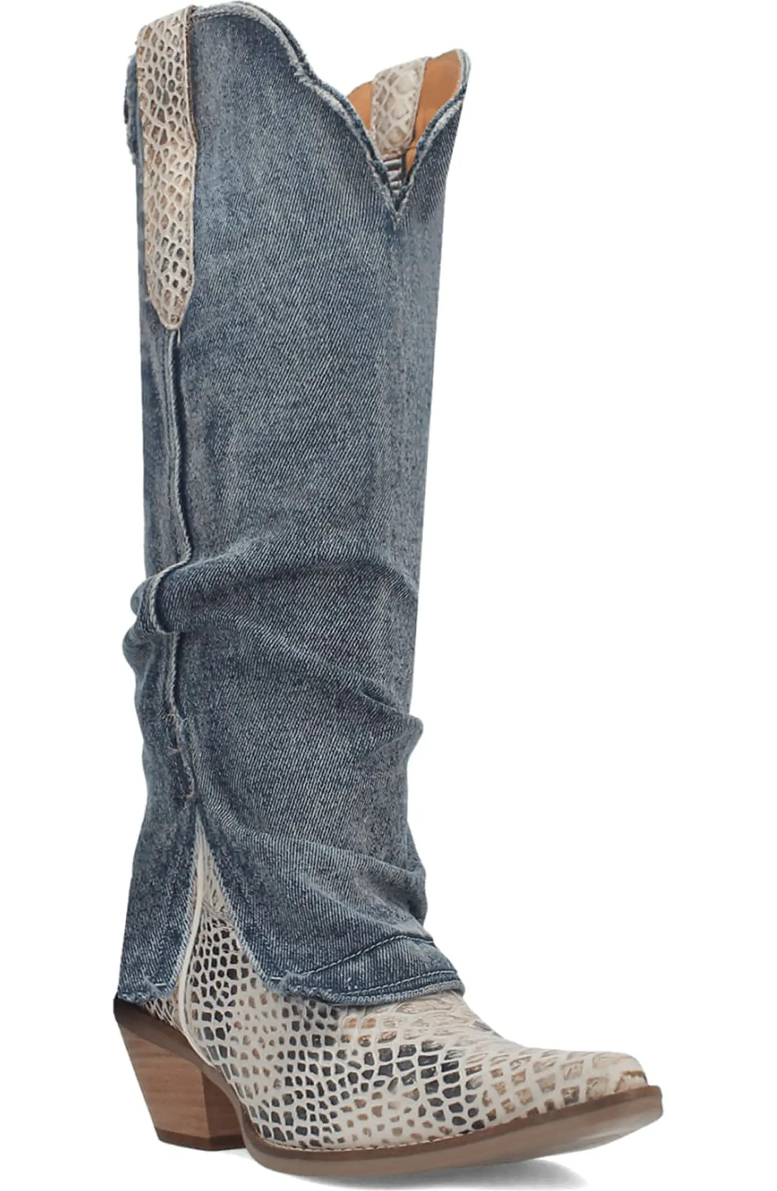 Knee High Denim & Snakeskin Embossed Western Boot (Women) | Nordstrom