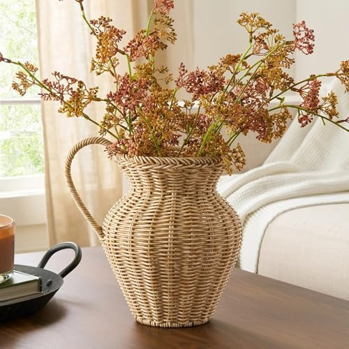 9" Faux Wood Decorative Woven Rattan Pitcher Vase Natural | Amazon (US)
