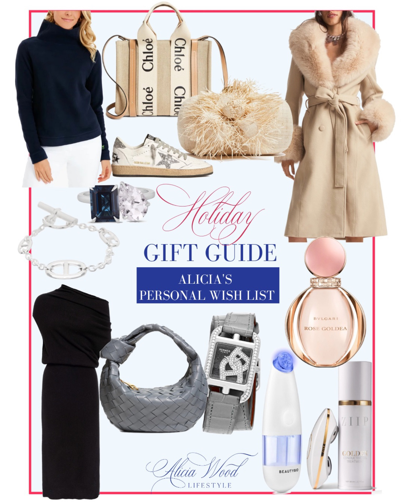Women’s Gift Guide Ideas:  
Love Shack Fancy wool coat, 
Chloé Woody small logo tote, 
Golden Goose women’s sneakers, 
Brochu Walker black sleeveless dress, 
Tuckernuck turtleneck sweater, 
Ring Concierge personalized gemstone ring, 
Pamela Munson fringe crossbody clutch handbag, 
SIIP beauty skincare device, 
Tom Ford shimmer body oil duo set, 
Bottega Veneta Jodie Mini knot hobo bag, 
Tom Ford Soleil Neige Eye Quad Eyeshadow palette, 
Birthstone bangle, 
Margaux pointe flats, 
BP. 60mm oversize mirrored aviator sunglasses, 
Serena & Lily coffee table book, 
Mark & Graham handbag

#LTKGiftGuide #LTKSeasonal #LTKHoliday