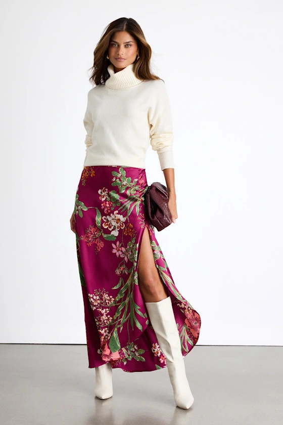 Superbly Stunning Fuchsia Floral Print Satin Maxi Skirt | Lulus