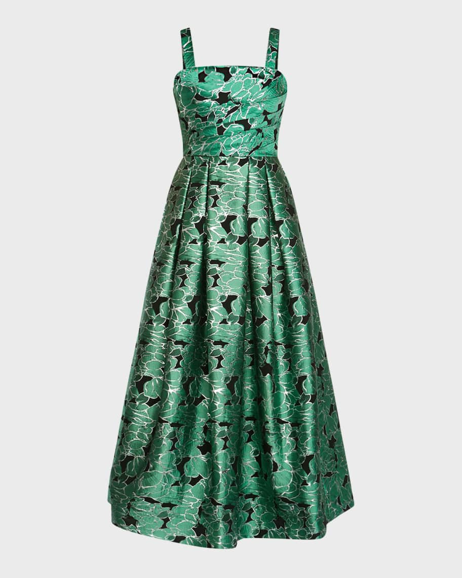 Pleated Metallic Floral Jacquard Midi Dress | Neiman Marcus