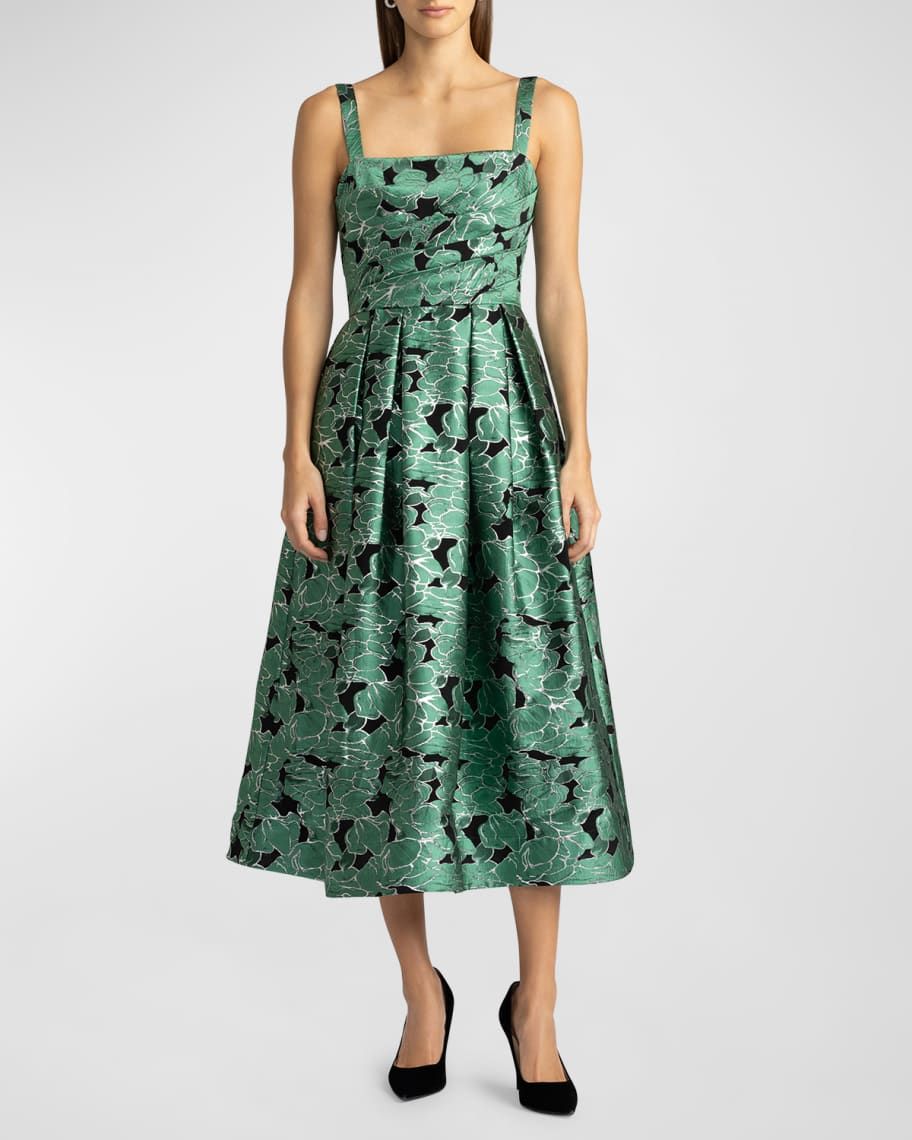 Pleated Metallic Floral Jacquard Midi Dress | Neiman Marcus