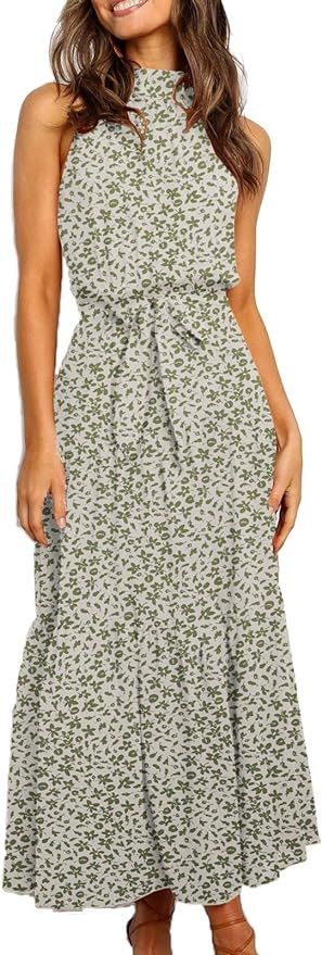TEMOFON Women's Dresses Halter Neck Summer Boho Maxi Floral Print Backless Sleeveless Dress with ... | Amazon (US)