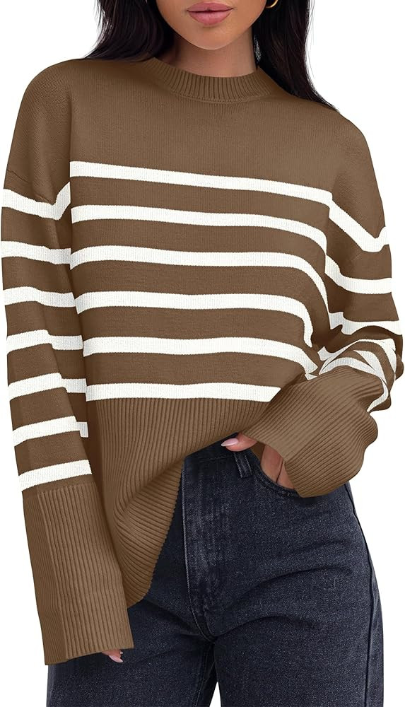 ZESICA Women's 2025 Fall Winter Striped Long Sleeve Crew Neck Ribbed Knit Side Slit Oversized Pul... | Amazon (US)