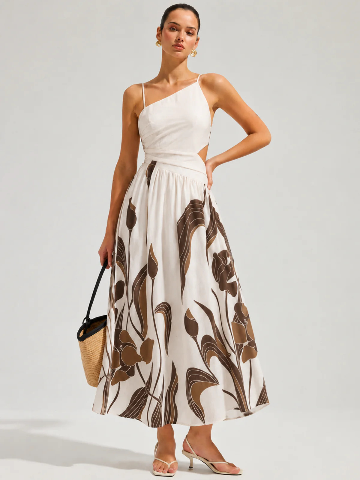 Asymmetrical Cutout Abstract Print Maxi Dress | Commense