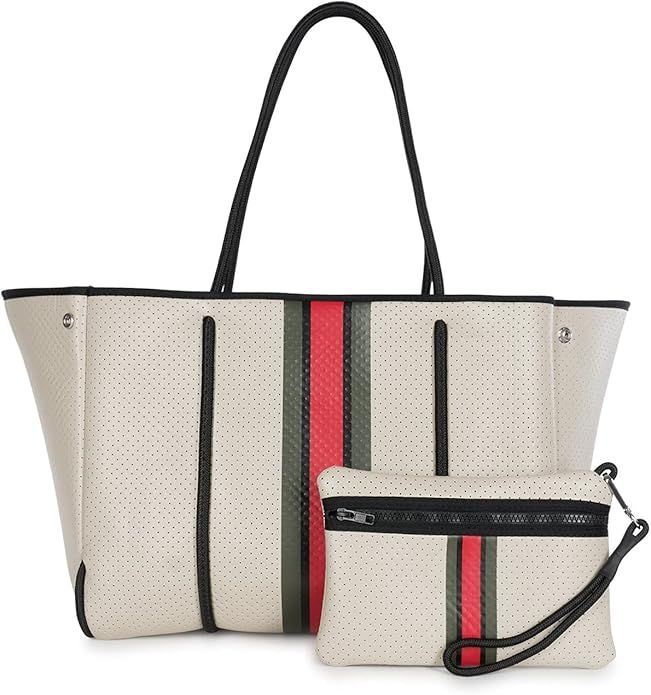 Haute Shore - Greyson Roma Neoprene Tote Bag w/Zipper Wristlet Inside, Beige W/Olive, Black, & Re... | Amazon (US)