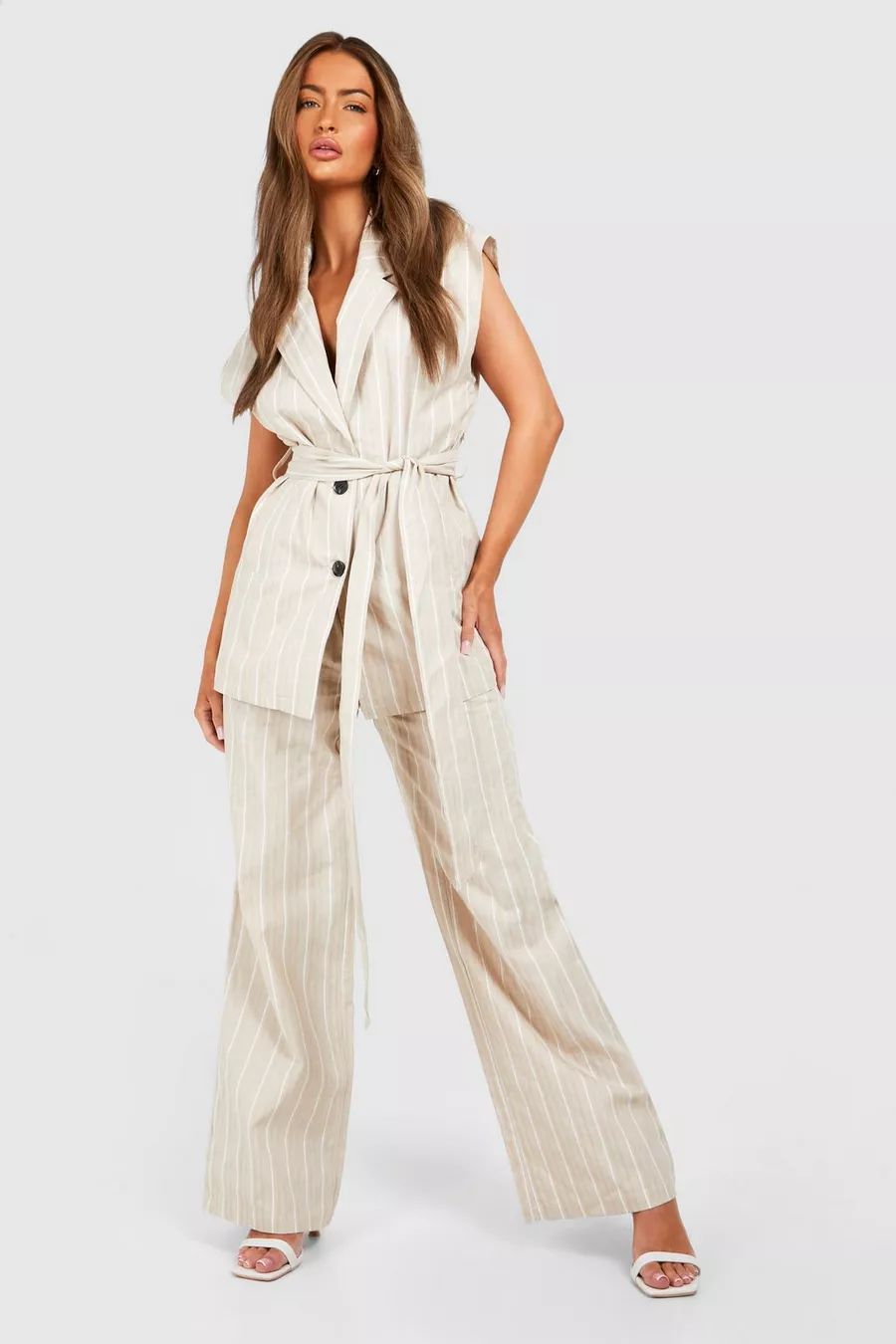 Tonal Stripe Linen Look Relaxed Fit Wide Leg Pants | boohoo (US & Canada)