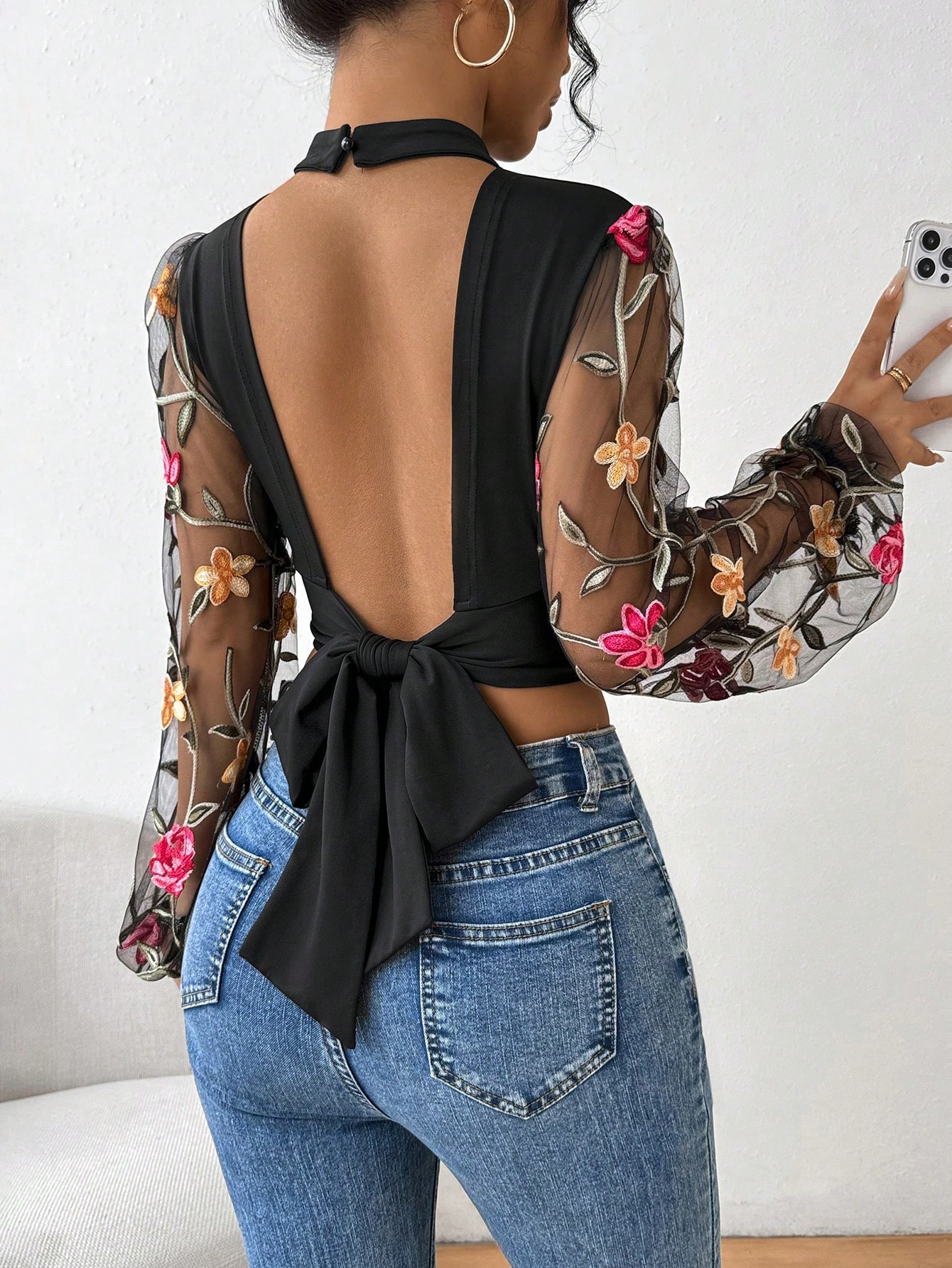 SHEIN Privé Mesh Embroidery Patchwork Back Button Back Tie Embroidered Short Stand Collar Top | ... | SHEIN