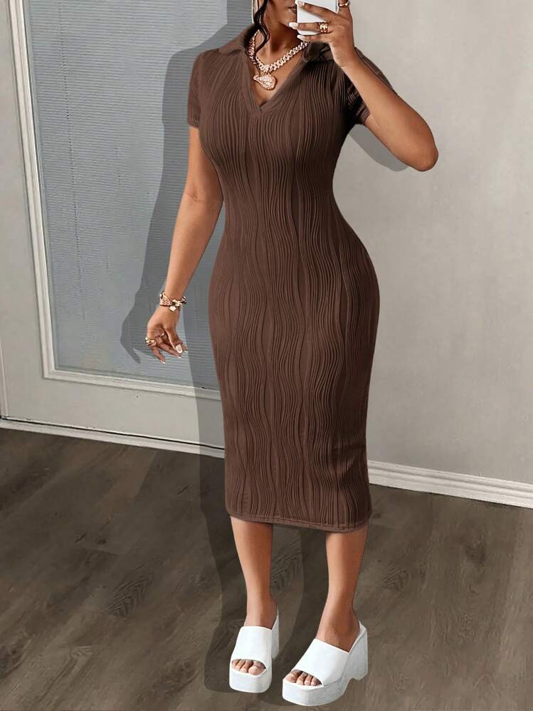 Slaydiva Summer Casual Elegant Simple Basic Model New Lapel V-Neck Short-Sleeved Slim Long Skirt ... | SHEIN