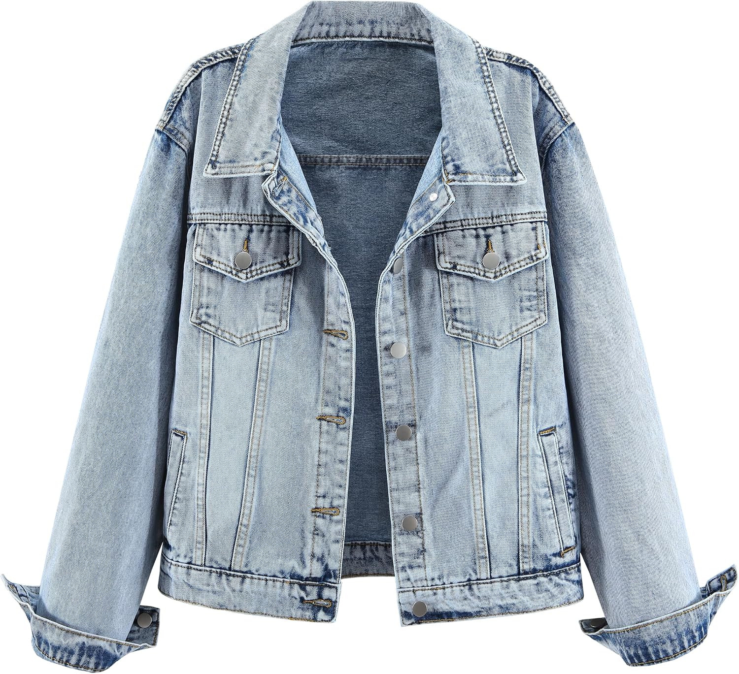 Women's Basic Long Sleeve Button Down Distressed Denim Jackets Jean Jacket Coat | Amazon (US)