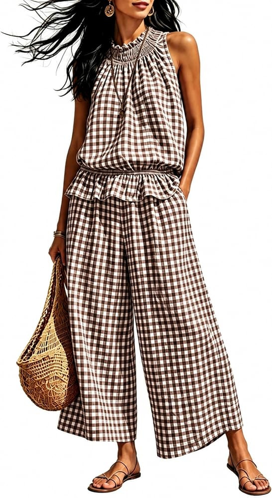Tanming Women's 2 Piece Set Outfits Gingham Plaid Sleeveless Ruffle Top Wide Leg Pants Summer Cas... | Amazon (US)