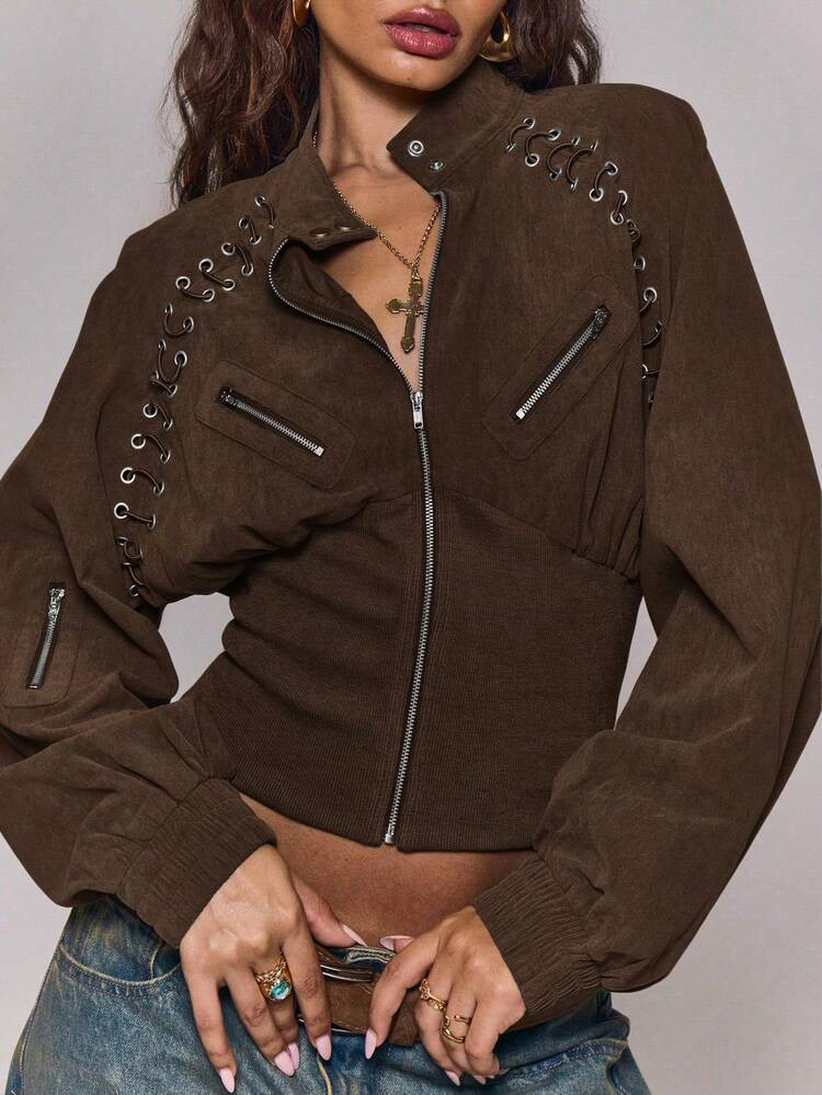 MUSERA Button Funnel Neck Detail Rib Cinched Waist Fitted Jacket Winter Going Out Everyday Night Out Casual Cool Streetwear Washed Spring | SHEIN
