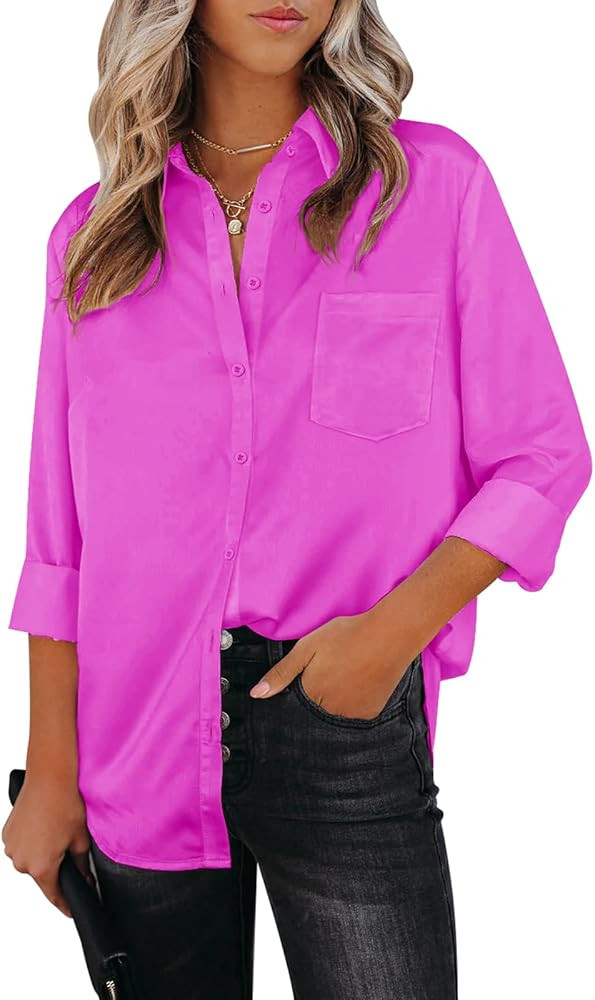 Womens Button Down Shirts Dress Shirts Long Sleeve Collared Blouses V Neck Work Office Tunic Chif... | Amazon (US)