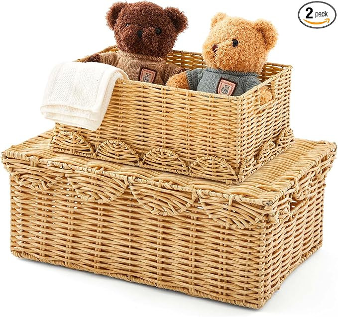 Sintuff 2 Pcs Scalloped Wicker Woven Rectangle Basket with Lid Rattan Basket with Built-in Handle... | Amazon (US)