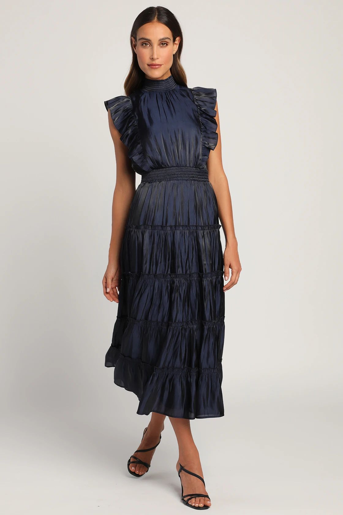 Take a Glance Navy Blue Tiered Mock Neck Midi Dress | Lulus (US)