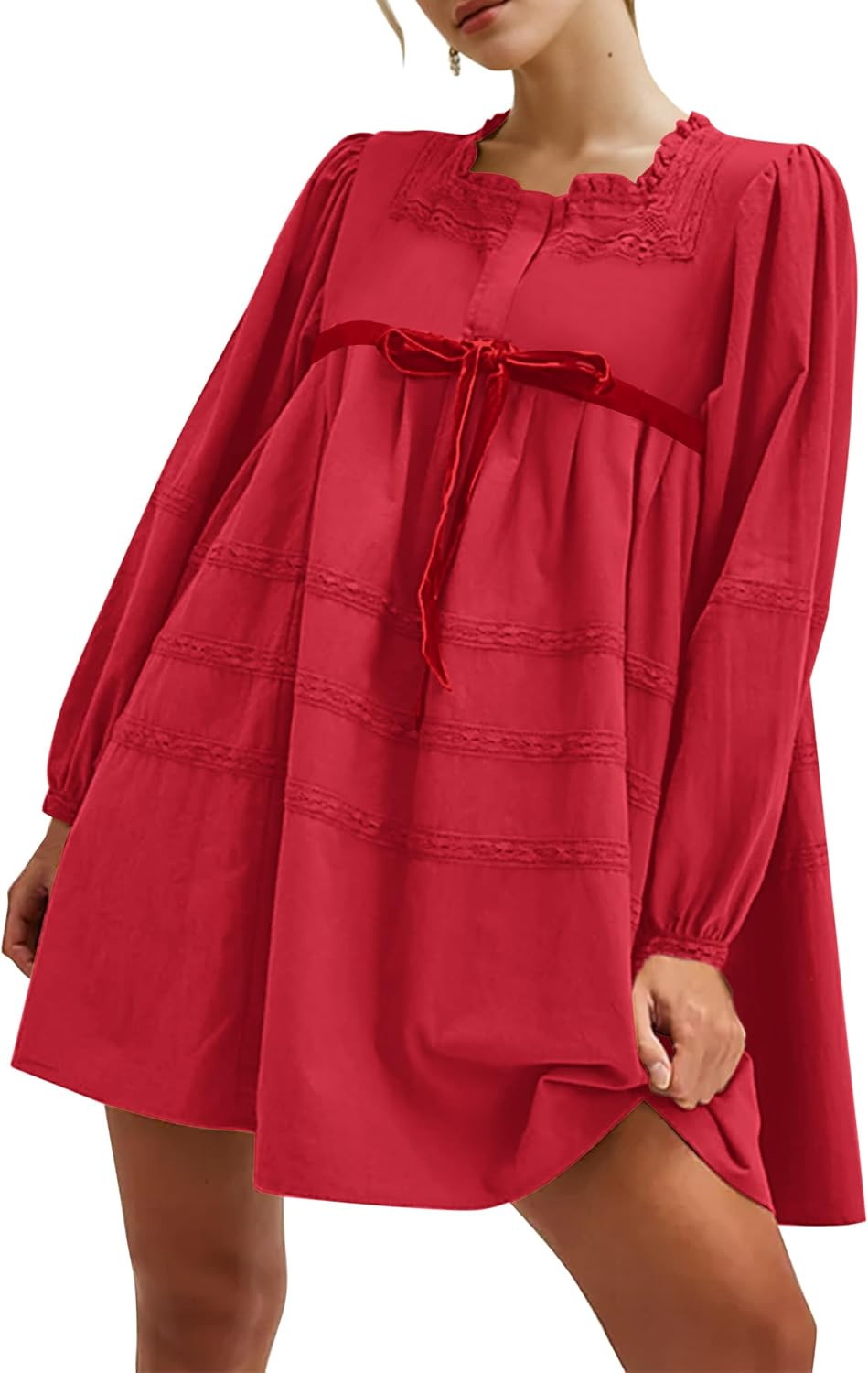 Burtell Women Flowy Long Puff Sleeve Mini Dress Casual Square Neck Lace Embroidered Babydoll Dress Bow Tie A-line Tunic Dress | Amazon (US)