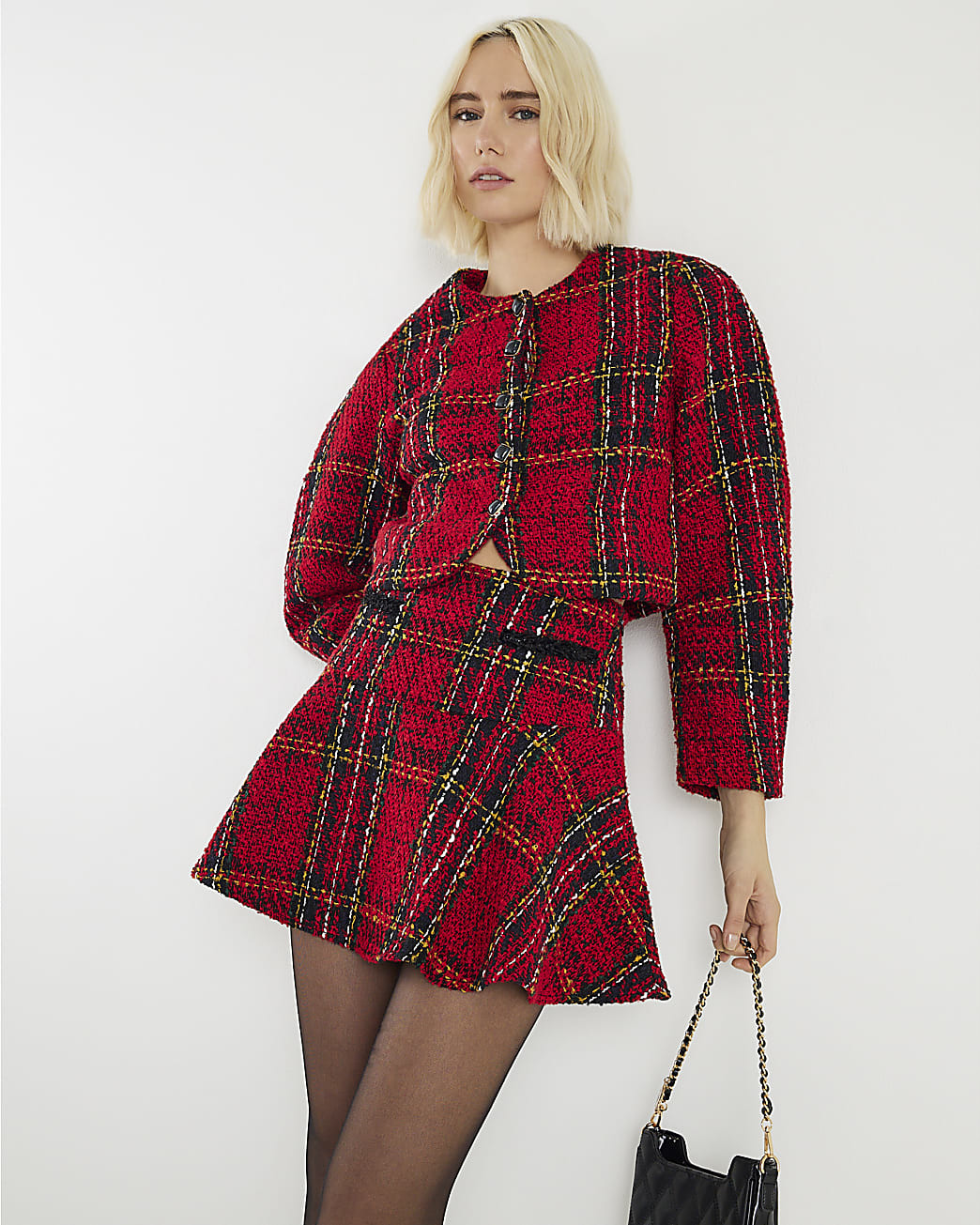 Red Tartan Boucle Jacket | River Island UK & IE