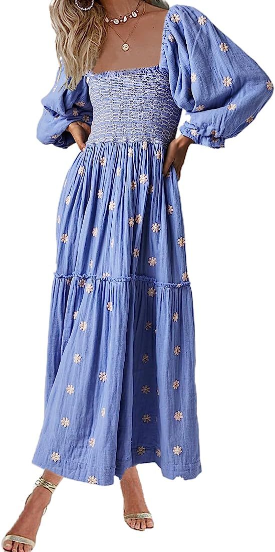 AnotherChill Women's Casual Embroidered Maxi Dress Floral Flowy Square Neck Dresses with Puff Sle... | Amazon (US)