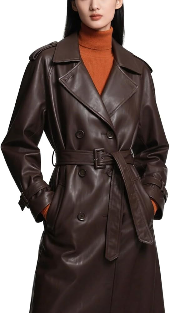 utcoco Women's Faux Leather Trench Coat Double Breasted Belted High Waist Long PU Leather Jacket ... | Amazon (US)