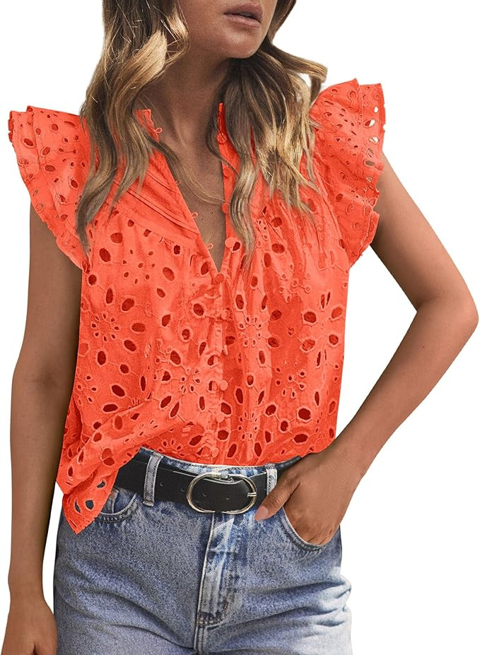 PRETTYGARDEN Womens Summer Tops 2026 Dressy Casual Ruffle Cap Sleeve Button V Neck Embroidered Ey... | Amazon (CA)