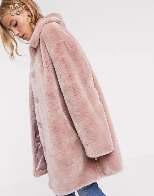 ASOS DESIGN faux fur button through coat in pink | ASOS (Global)