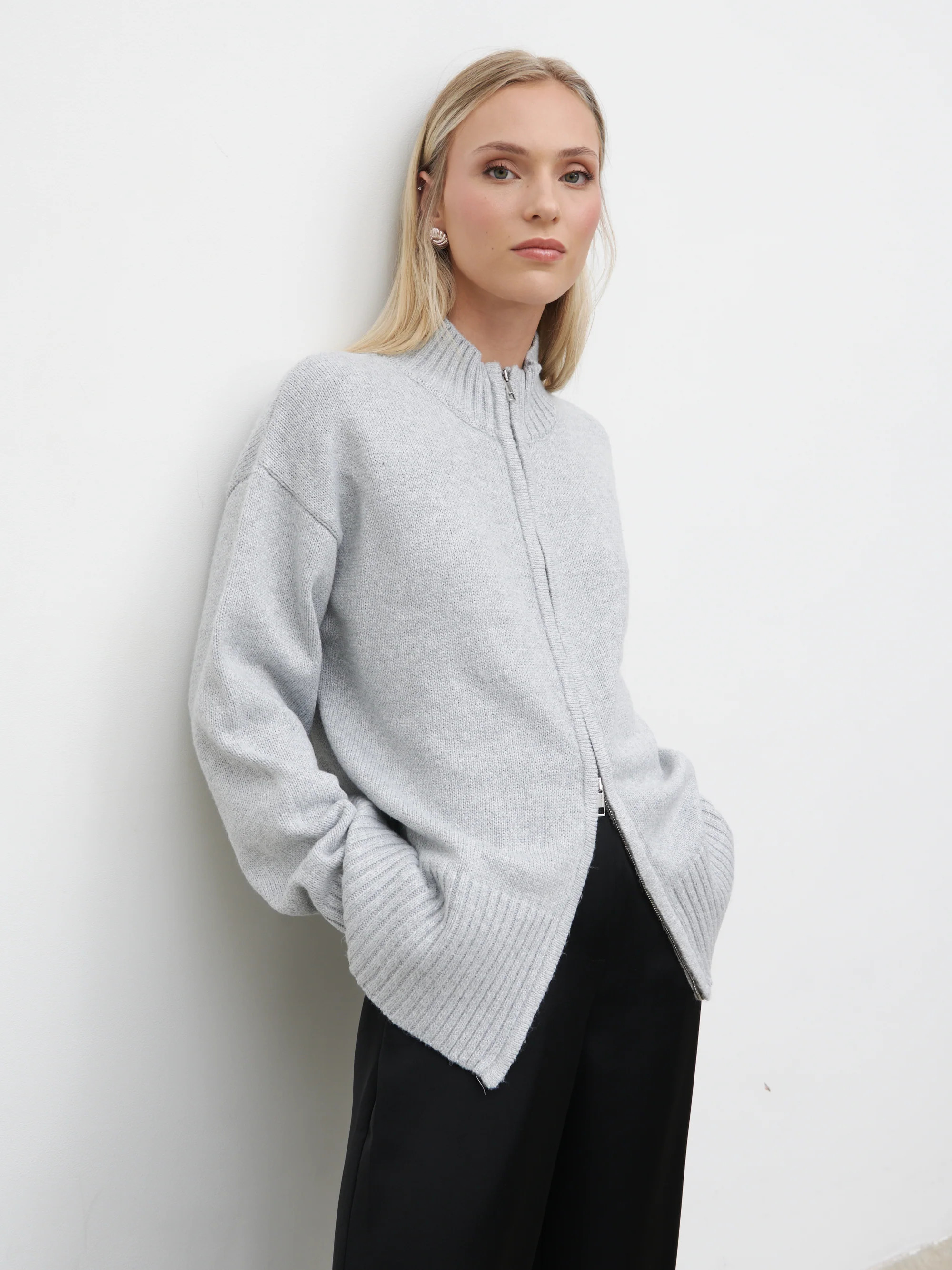 Claudia Double Ended Zip Knit Cardigan - Light Grey | Pretty Lavish (UK)