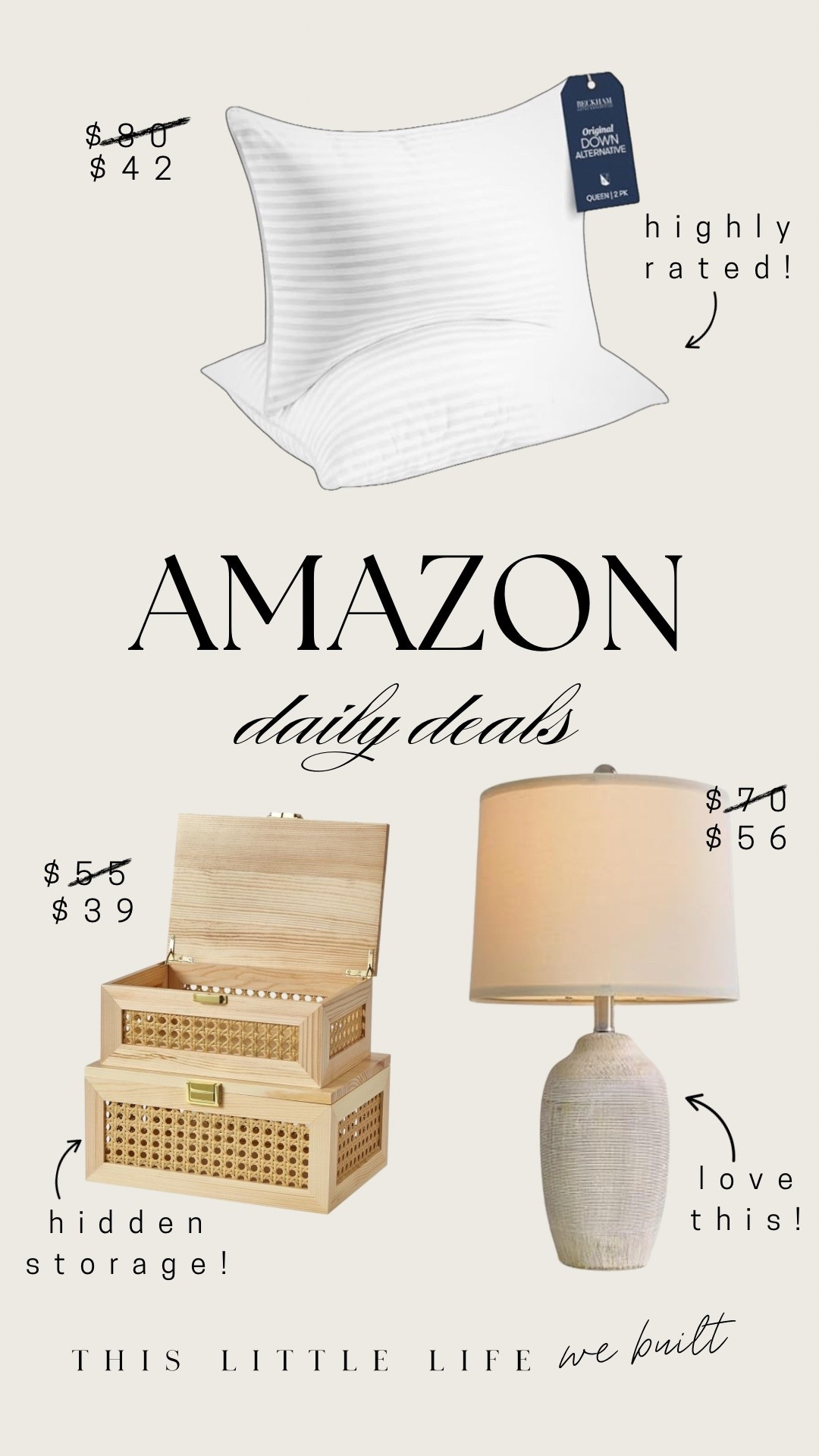 Amazon daily deals! 


Lamp, storage boxes, pillows, Amazon home, affordable home, sale finds, bedroom essentials 

#LTKSaleAlert #LTKHome #LTKFindsUnder100