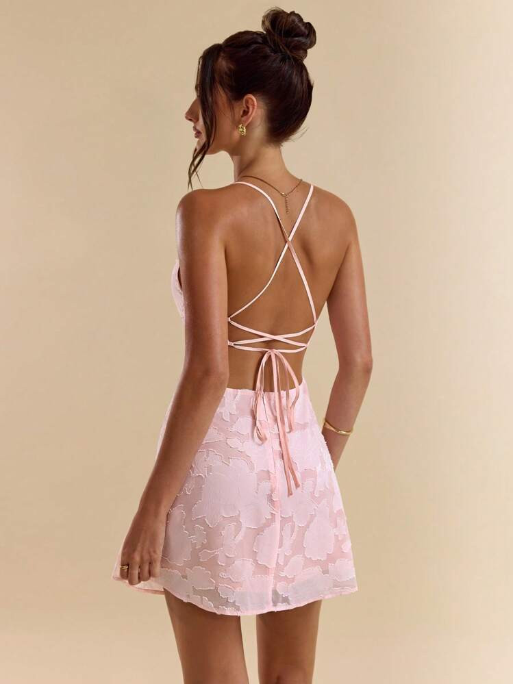 SHEIN BAE Pink Figure-Hugging Ruffled Off-Shoulder Lace Trim A-Line Supershort Mini Dress For Women, Spring/Summer,Pastel Dresses For Women,Backless Dress Vacation Outfits Women,Valentine's Day,Valentine Outfits For Women | SHEIN