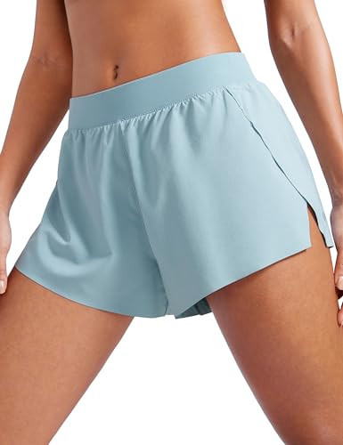 CRZ YOGA Athletic Running Shorts for Women V Split Low Waisted Lightweight Gym Workout Athletic Shorts with Liner Light Grayish Blue Large | Amazon (US)