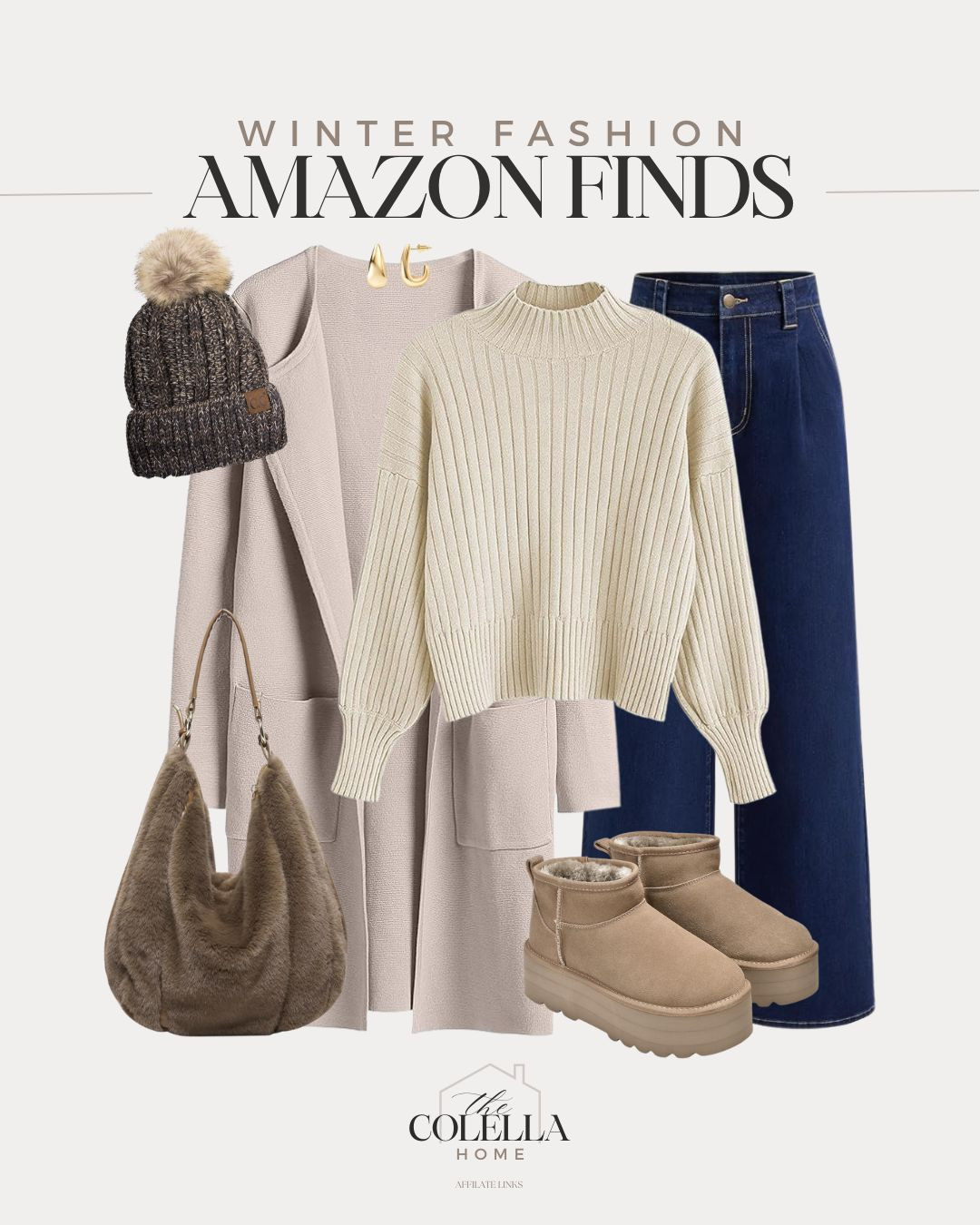 Winter fashion inspo all from Amazon! Chic long cardigan, comfy crew neck sweater, wide leg jeans, beanie, fluffy tote bag, look for less boots, winter style, women's Amazon fashion finds.

#LTKSeasonal #LTKFindsUnder50 #LTKootd