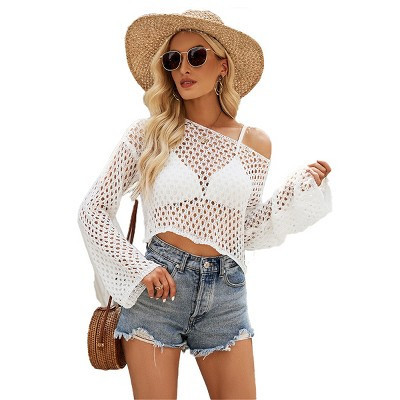 crochet cover-up Tops with Bell Sleeve Round Neck Lightweight Beach Cover Ups Crochet Knit Loose Fit Hollow Out Cropped Sweater Tops, White - L | Target
