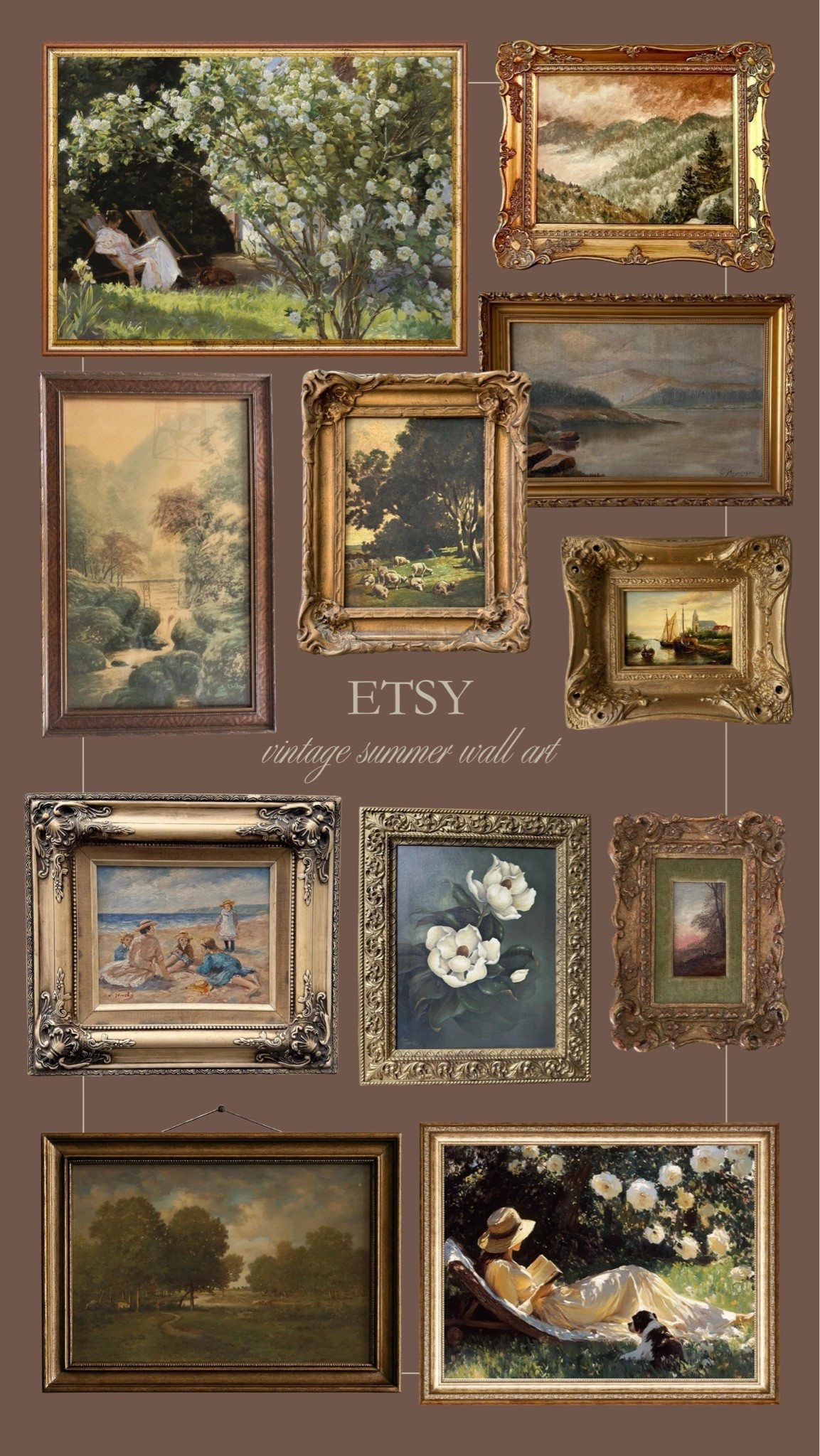 Vintage summer wall art from Etsy 🌊 How pretty are these gold vases and beautiful art pieces? Vintage Home, Coastal Home, Moody Home, Summer Decor