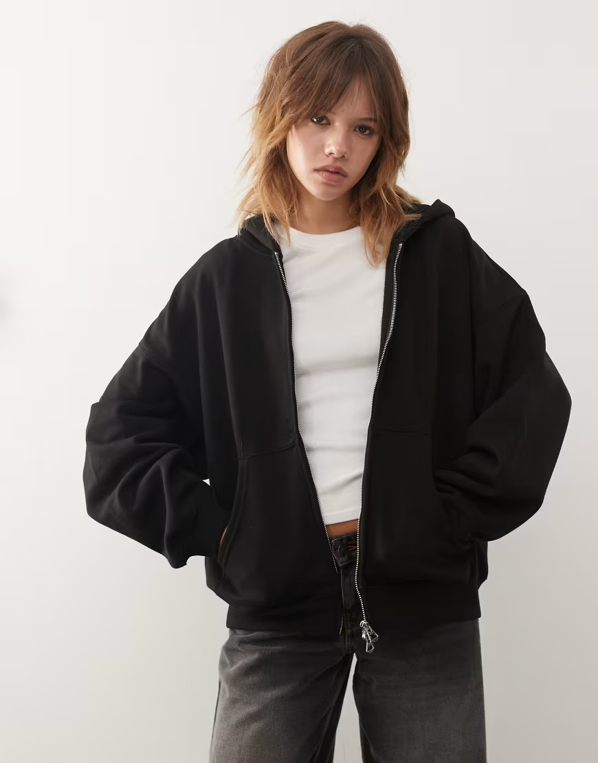 Weekday oversized heavyweight jersey zip through hoodie in black | ASOS (Global)
